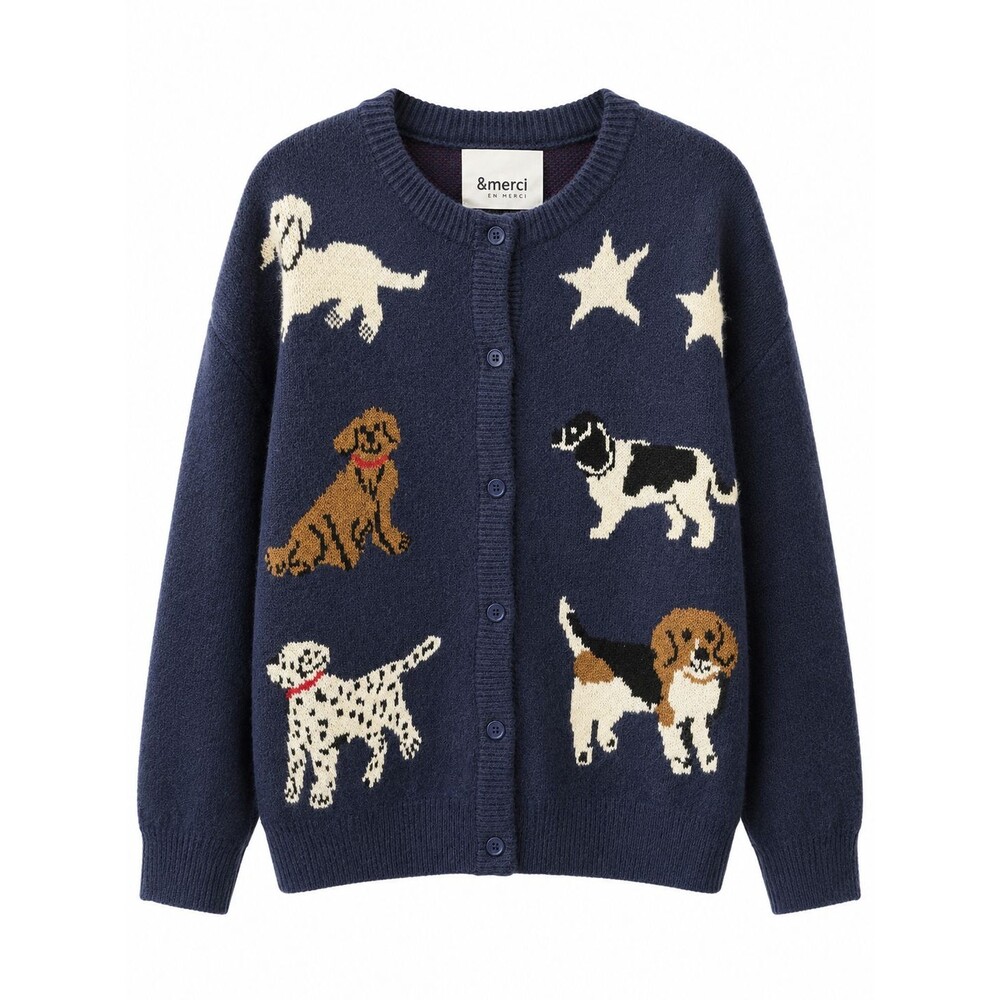 &merci Navy Dog Print Cardigan Sweater Button Front Novelty Knit NWT - Picture 1 of 5